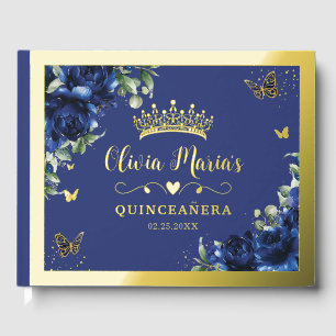 Libro De Visitas Elegante Quinceañera Floral Azul Real Dulce 16  
