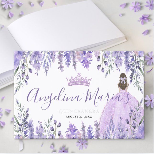 Libro De Visitas Elegante Quinceanera floral púrpura (Elegant Floral Purple Quinceanera Foil Guest Book)