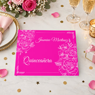 Libro De Visitas Elegante Quinceañera Floral Rosa Fucsia y Blanco