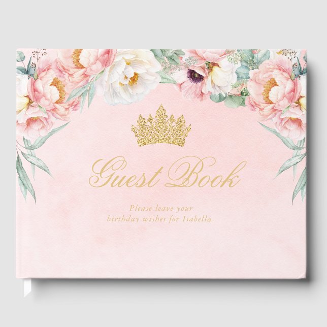 Libro De Visitas Elegante Quinceañera floral rosa y dorada (Anverso)
