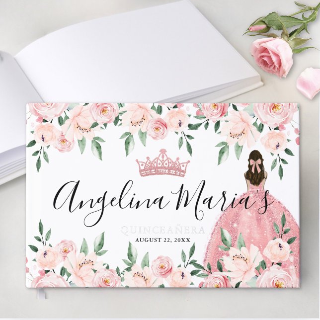 Libro De Visitas Elegante Quinceanera Rosa Floral (Elegant Floral Purple Quinceanera Foil Guest Book )