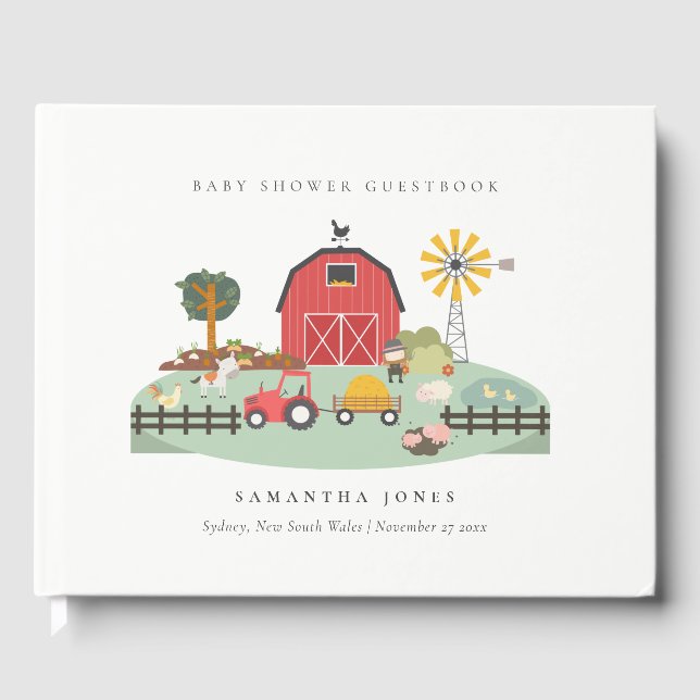 Libro De Visitas Elegante Red Barnyard Farm Animal Baby Shower (Anverso)