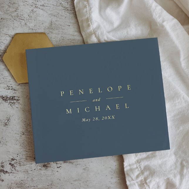 Libro De Visitas Elegante Relieve metalizado dorado Monograma Boda  (Elegant Monogram New York City Blue Wedding Guest Book)