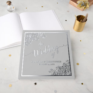Libro De Visitas Elegante Relieve metalizado plateado caligráfico s