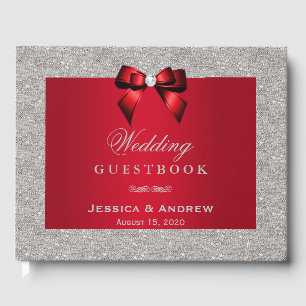 Libro De Visitas Elegante rojo rubí, Boda Purpurina plateado