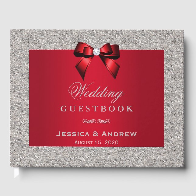 Libro De Visitas Elegante rojo rubí, Boda Purpurina plateado (Anverso)