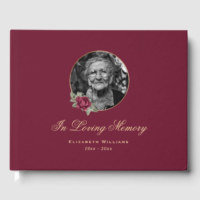 Libro De Visitas Elegante Rosa de Borgoña dorado Foto funeral (Anverso)
