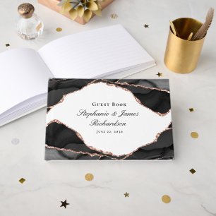Libro De Visitas Elegante Rosa de Oro Blanco Negro Hoja de Ágata Bo