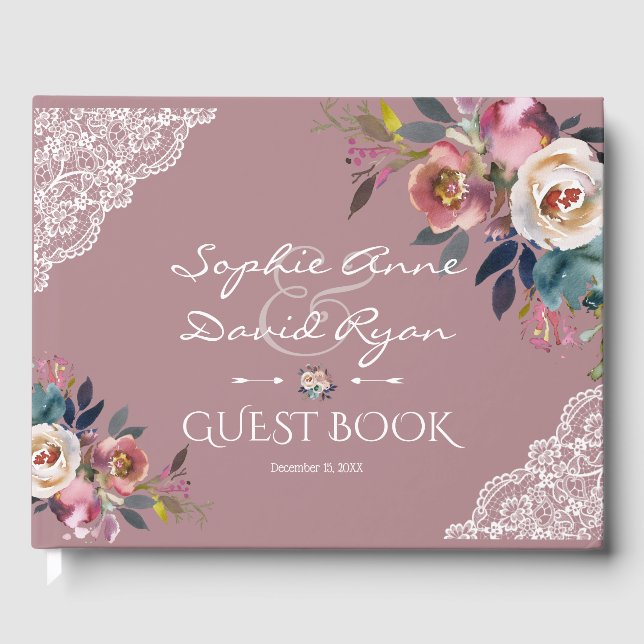 Libro De Visitas Elegante Rosa Dusty Blue Dusty Flowers Boda (Anverso)