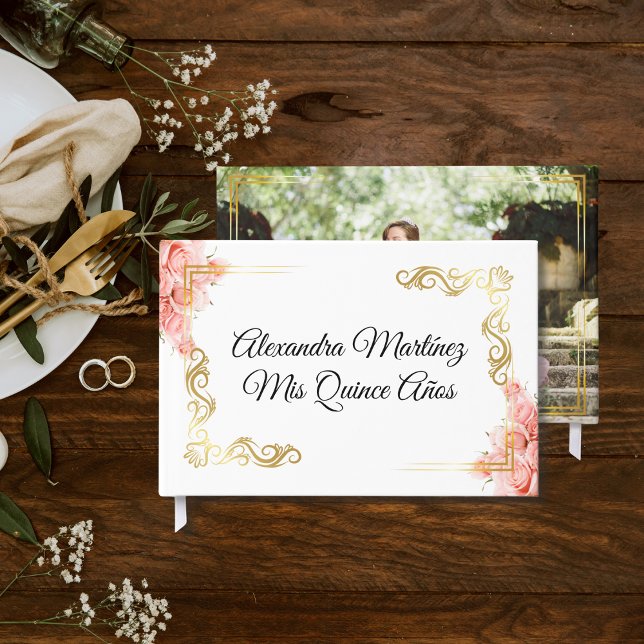 Libro De Visitas Elegante Rosa Floral Marco dorado blanco Quinceañe (Subido por el creador)