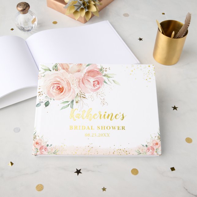 Libro De Visitas Elegante Rosa Floral Rosas Bridal Shower Oro (Anverso Abierto)