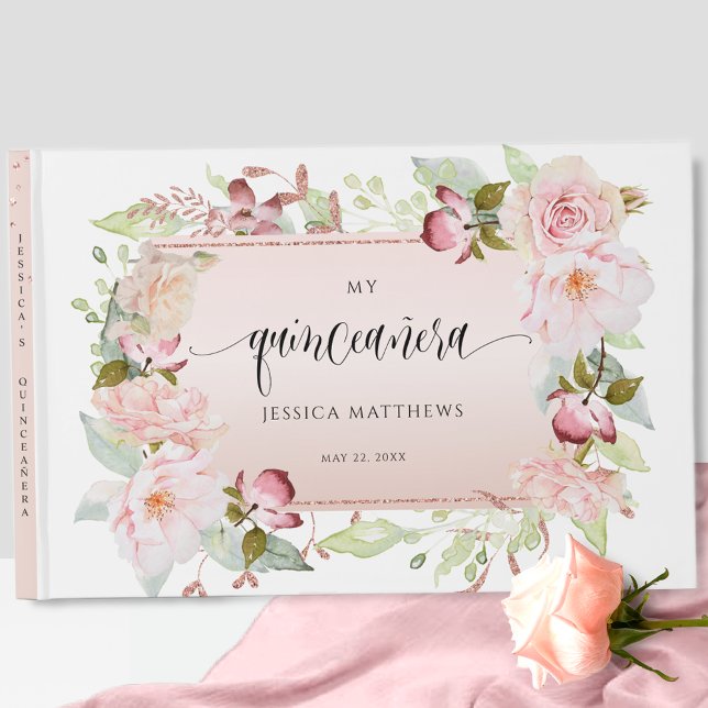 Libro De Visitas Elegante rosa, Rubor, Rosa Floral de oro Quinceañe (Subido por el creador)