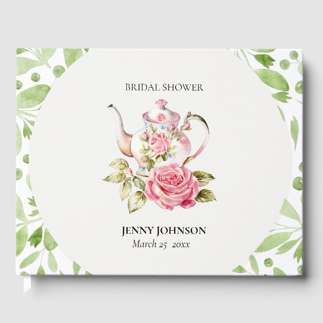 Libro De Visitas Elegante Rosa Verde Floral Flores Despedida de Sol (Anverso)