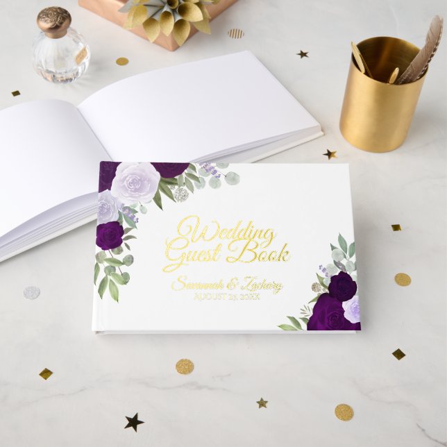 Libro De Visitas Elegante Rosas de Moda de Boho Púrpura Pequeño Bod (Anverso Abierto)