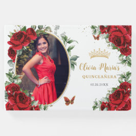 Libro De Visitas Elegante Roses Rojos Floral Oro Quinceanera Foto