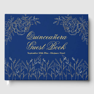 Libro De Visitas Elegante Royal Blue Gold Contorno Floral Quinceane