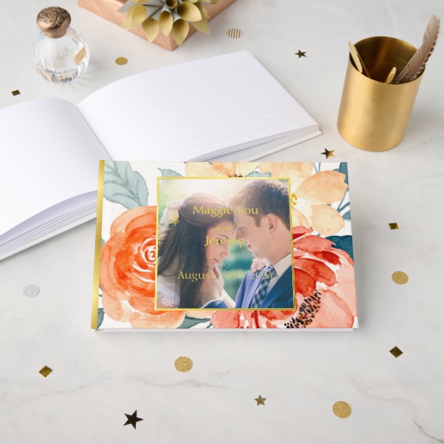 Libro De Visitas Elegante Rubor Floral Boda Gold (Anverso Abierto)
