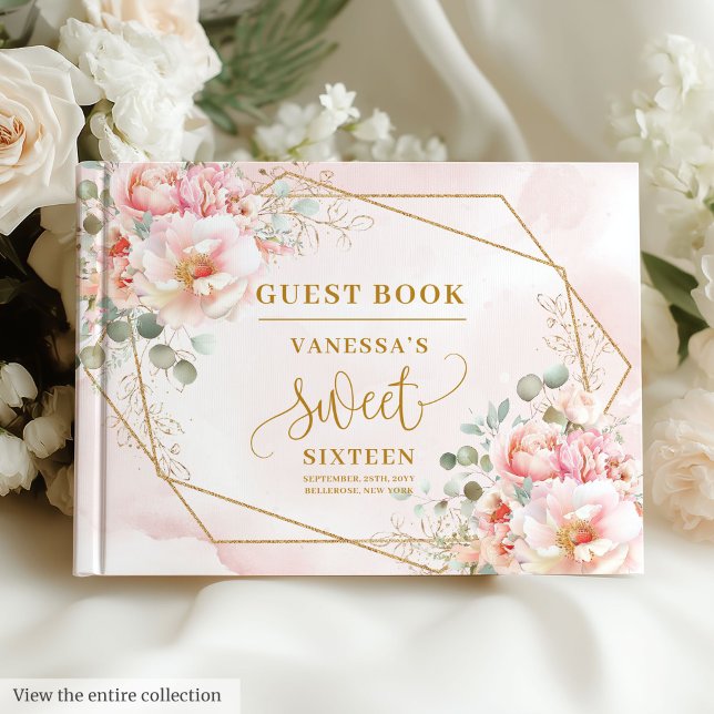 Libro De Visitas Elegante Rubor Sage Dorado Floral Sweet 16 (Stylish Blush Pink Sage Gold Floral Sweet Sixteen Guest Book)