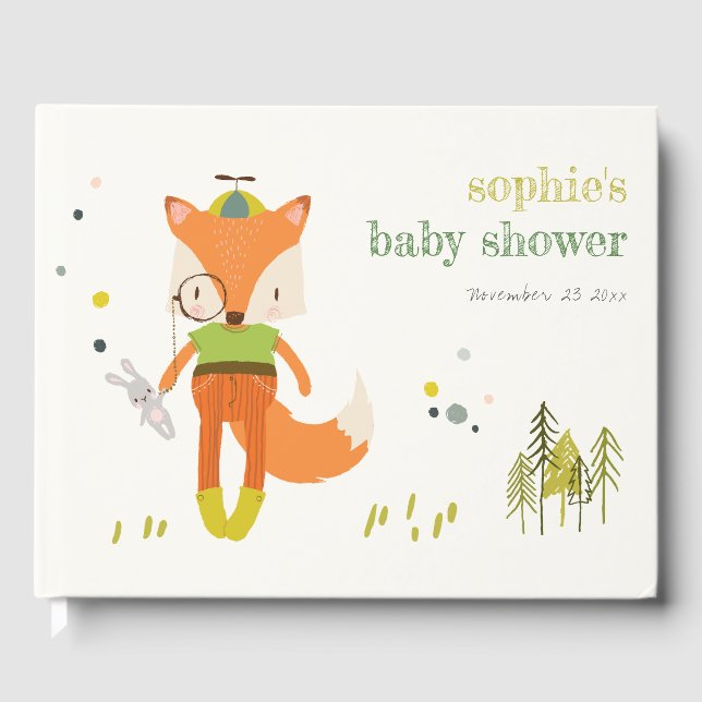 Libro De Visitas Elegante Rustic Cute Woodland Fun Fox Baby Shower (Anverso)