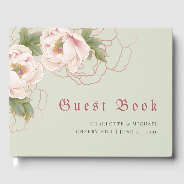 Libro De Visitas Elegante Sage y Rubor Peony Floral Guest Book (Anverso)