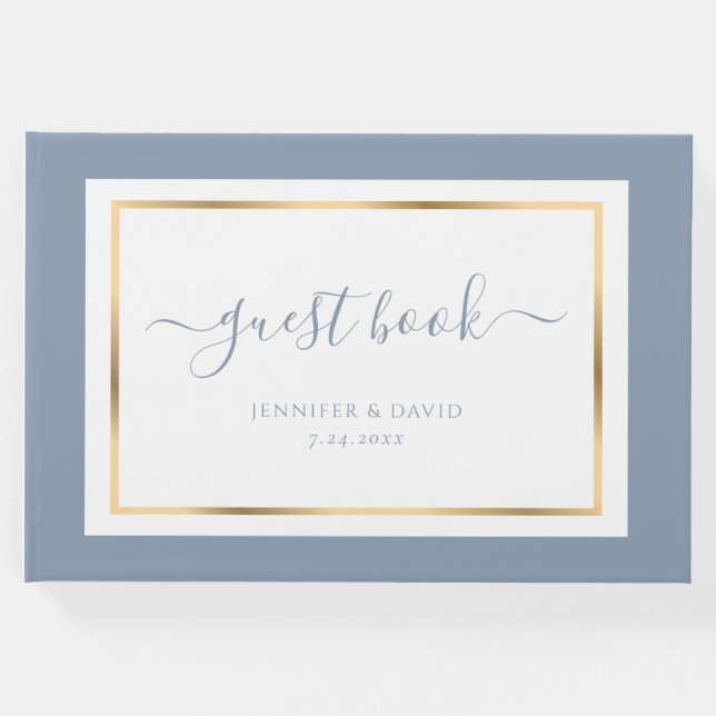 Libro De Visitas Elegante Script Dusty Blue y Gold Boda (Anverso)
