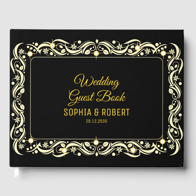 Libro De Visitas Elegante Script Golden Luxury Floral Boda negro (Anverso)