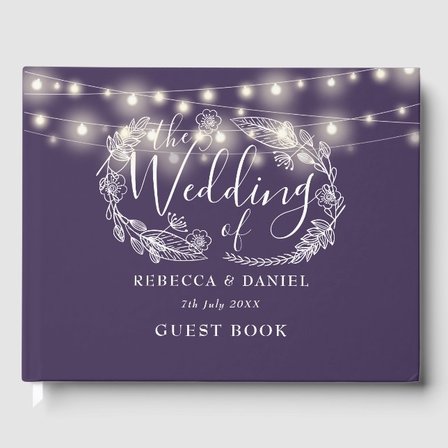 Libro De Visitas Elegante String Lights Floral Purple Boda (Anverso)