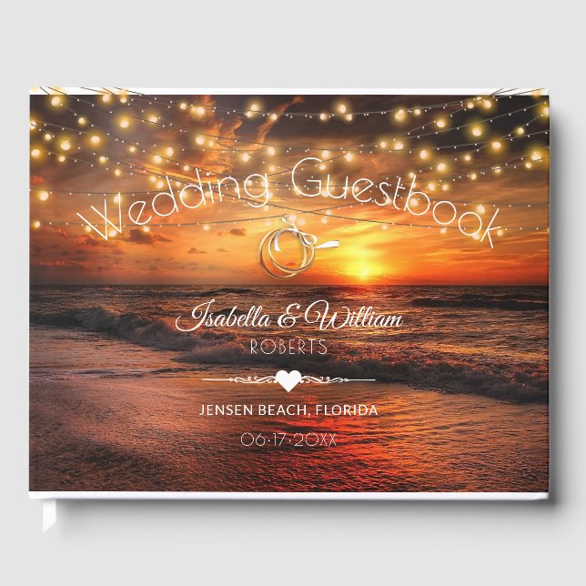 Libro De Visitas Elegante Sunset Beach String Luces Boda de verano (Anverso)