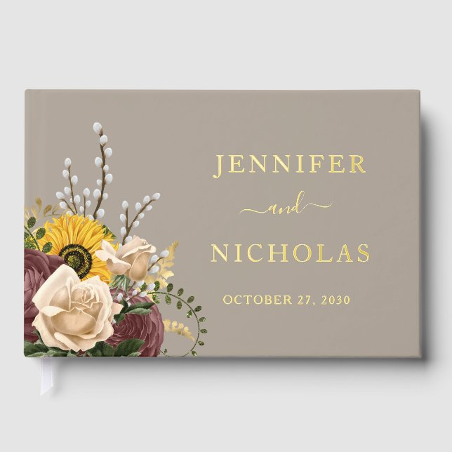 Libro De Visitas Elegante Taupe Boda de girasol oro (Anverso)