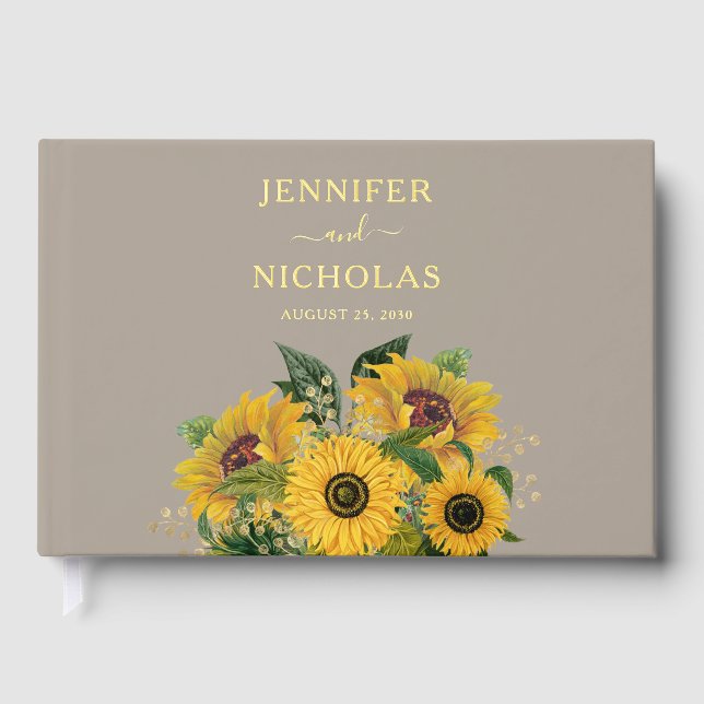 Libro De Visitas Elegante Taupe Boda de girasol oro (Anverso)