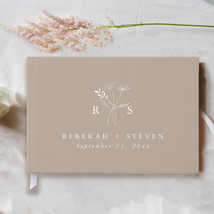 Libro De Visitas Elegante Taupe Monograma Floral Botánico Boda