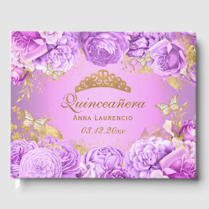 Libro De Visitas Elegante Tema de Mariposa Floral Púrpura para Quin