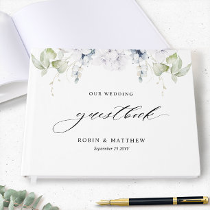 Libro De Visitas Elegante vegetación y Boda floral azul blanco