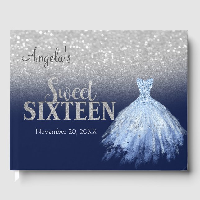 Libro De Visitas Elegante vestido Purpurina Bokeh Blue Sweet 16 (Anverso)