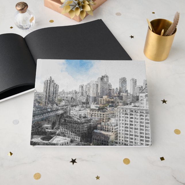 Libro De Visitas Elegante Watercolor Brooklyn Bridge NYC (Anverso Abierto)