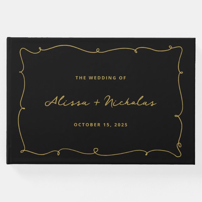 Libro De Visitas Elegante y caprichoso Boda negro y oro (Anverso)