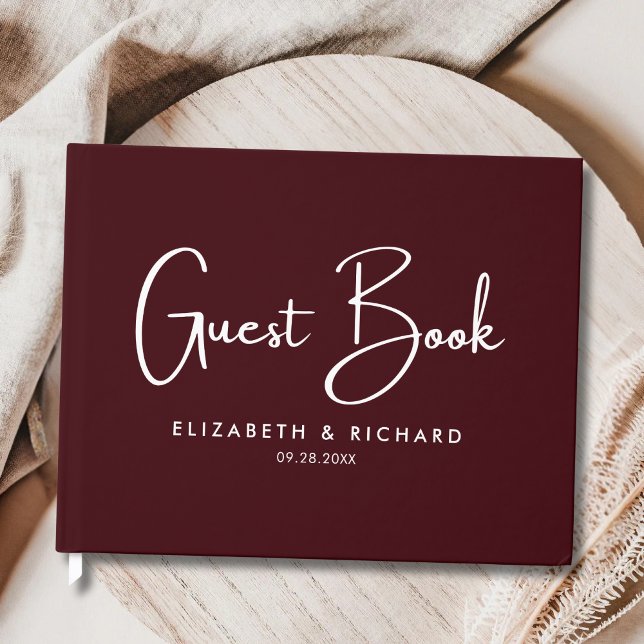 Libro De Visitas Elegante y Moderno Casamiento Borgoña (Elegant modern burgundy guest book captures heartfelt memories in timeless wedding style.)
