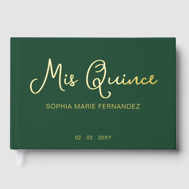Libro De Visitas Elegante y moderno Quinceañera de Oro Verde (Anverso)