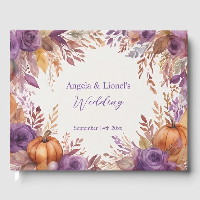 Libro De Visitas Elegantes calabazas Boda de flores moradas (Anverso)