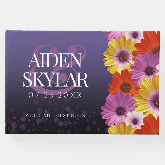 Libro De Visitas Elegantes Daisies con Boda Purpurina Púrpura (Anverso)