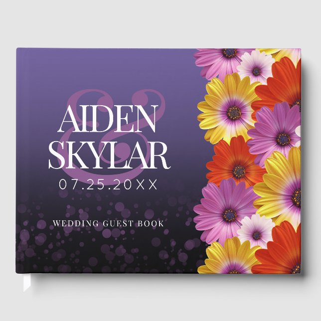 Libro De Visitas Elegantes Daisies con Boda Purpurina Púrpura (Anverso)
