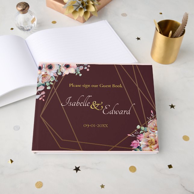 Libro De Visitas Elegantes marcos geométricos de anémona rosada de  (Anverso Abierto)