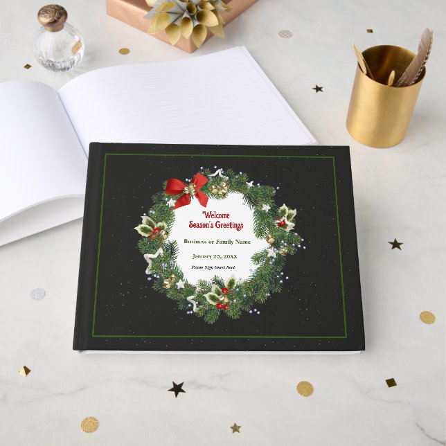 Libro De Visitas Elegantes Navidades florales Wreath Personalize (Anverso Abierto)