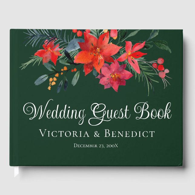 Libro De Visitas Elegantes Navidades Poinsettia Boda Floral Verde (Anverso)