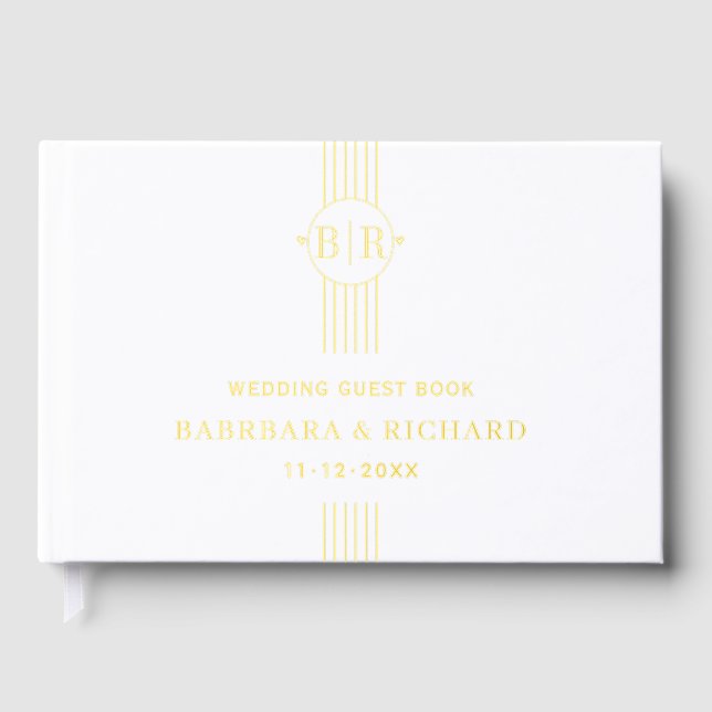 Libro De Visitas Elegantes rayas e iniciales boda blanco (Anverso)