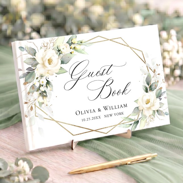 Libro De Visitas Elegantes Rosas Blancas Pastel Eucalipto Boda (Subido por el creador)