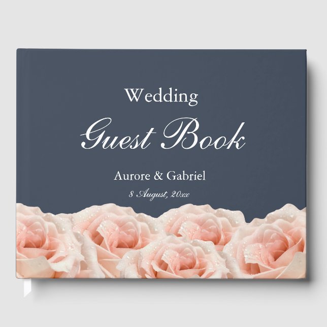Libro De Visitas Elegantes Rosas Navy Blue Rubor Boda Blanco (Anverso)