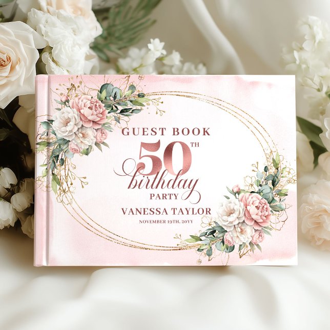 Libro De Visitas Elevado cumpleaños 50 Botanical Rosa Dorada   (Elevated Rose Gold Botanical 50th Birthday Guest Book)