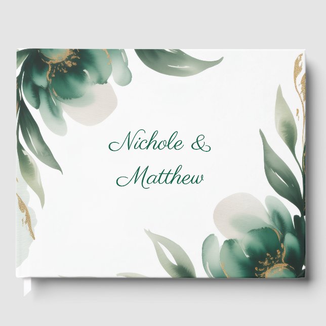 Libro De Visitas Emerald Green and Gold Floral Frame Wedding (Anverso)