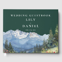 Libro De Visitas Emerald Green Watercolor Mountain Wedding Photo